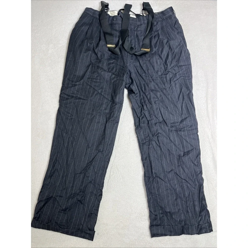 Jos. A. Banks Mens 38/30 Black Pin Striped Cuffed Cashmere Suspender Dress Pants